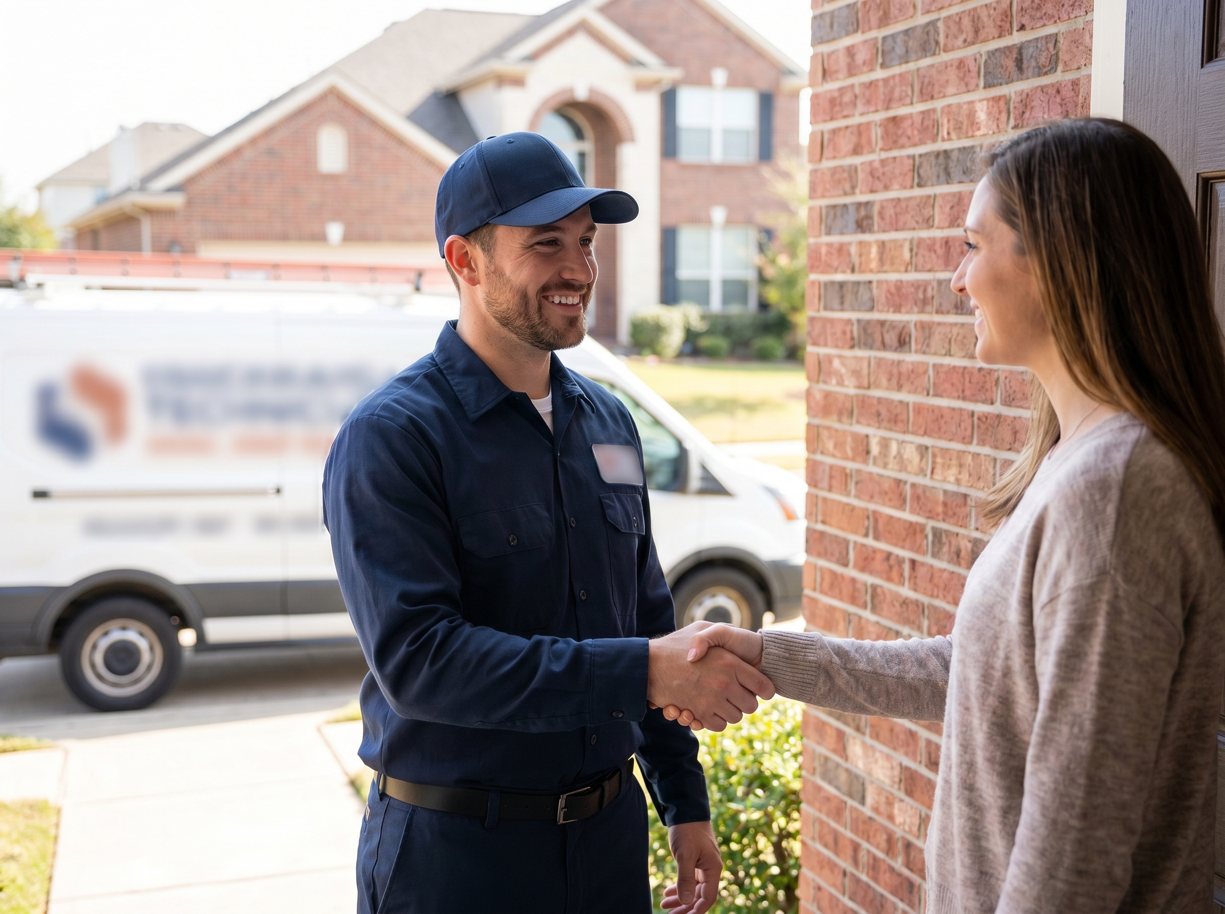 Friendly Central Heating & Cooling technician greeting a homeowner