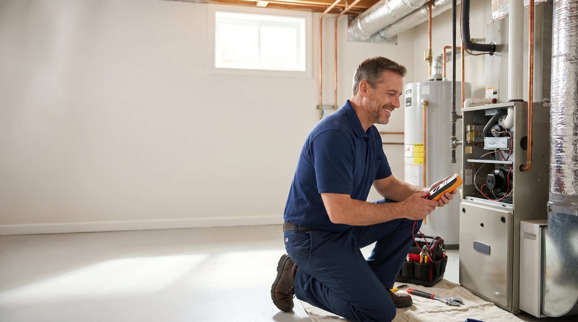 Central Heating & Cooling technician servicing a home furnace
